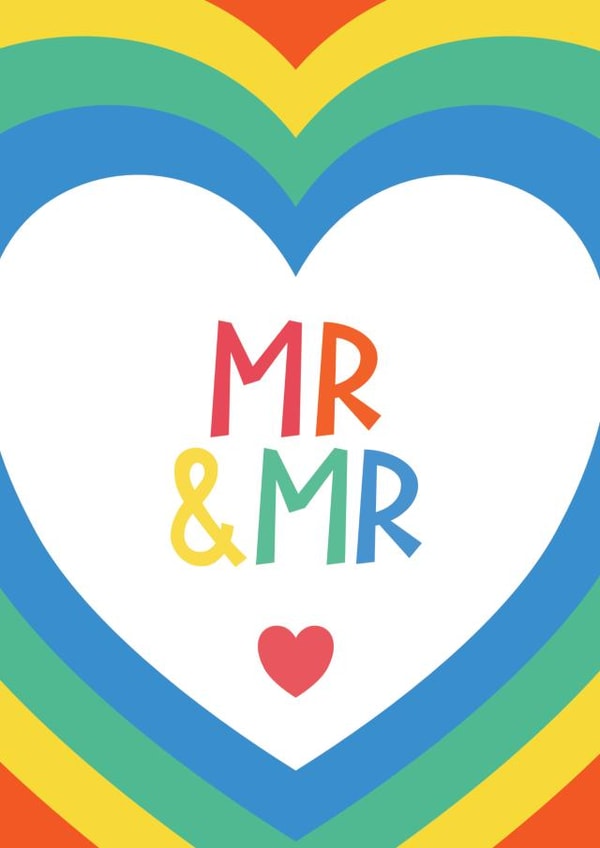 Gay Wedding Card - MR & MR - Rainbow Hearts - LGBTQ+ created by Bev O'Connor || @oconnordesign