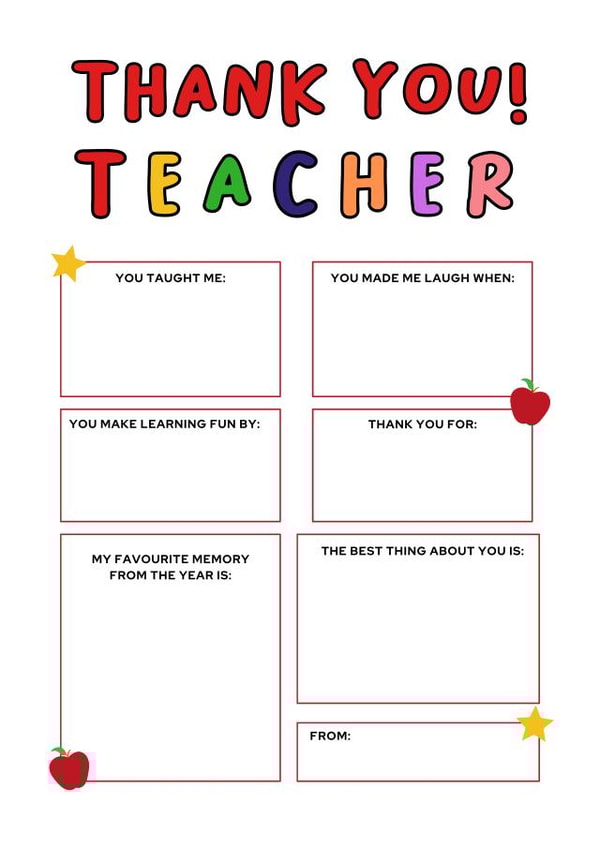 Cute fill in the blanks thank you teacher card created by BeauPrintBoutique