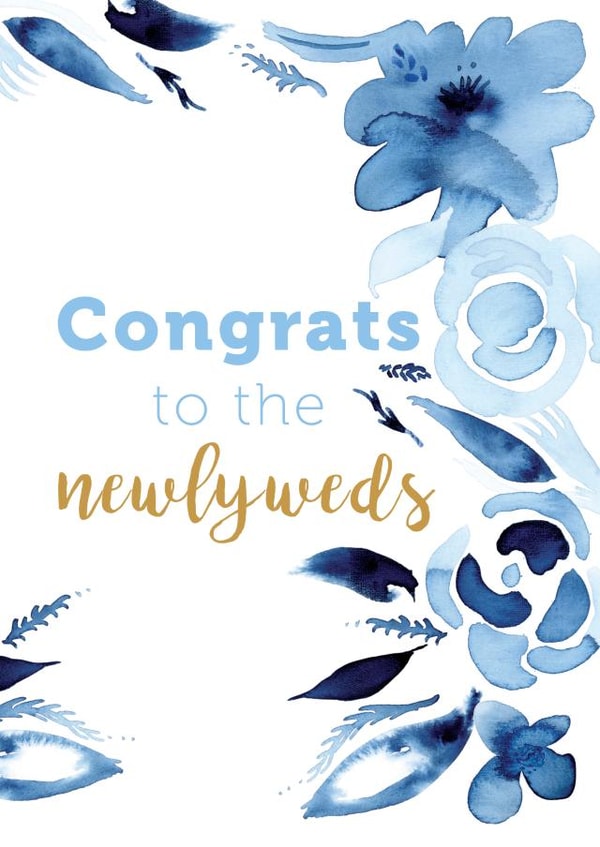 Fresh loose watercolour style unisex wedding card in sophisticated blue and gold created by DECKLED EDGE LTD