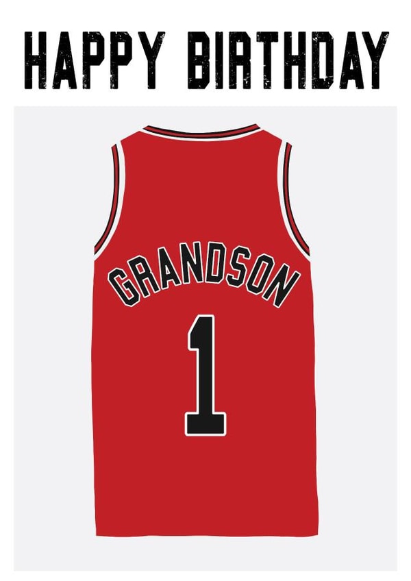 Chicago Bulls inspired, basketball jersey birthday card. for a number 1 grandson created by Courtside