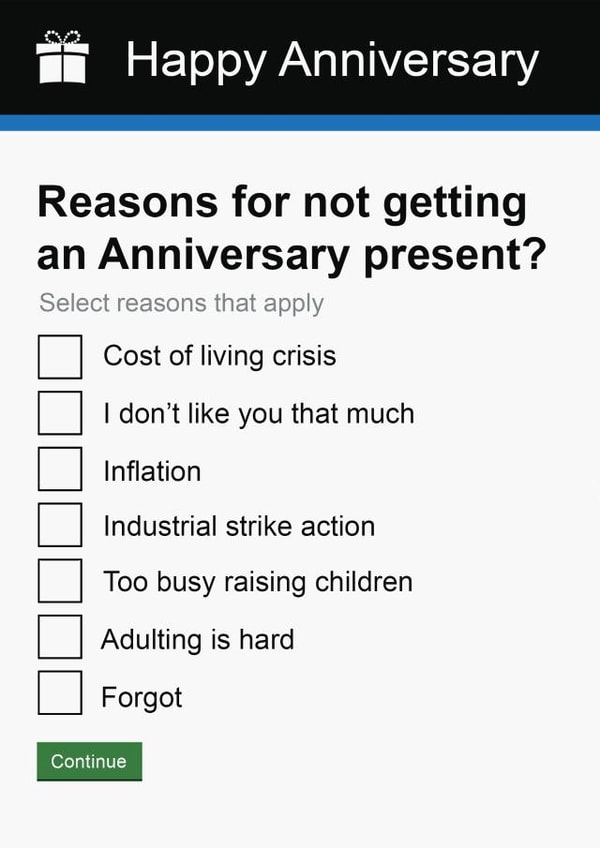 Funny | Cheeky | Government Form Anniversary Present Excuses Card created by Pottsy Prints