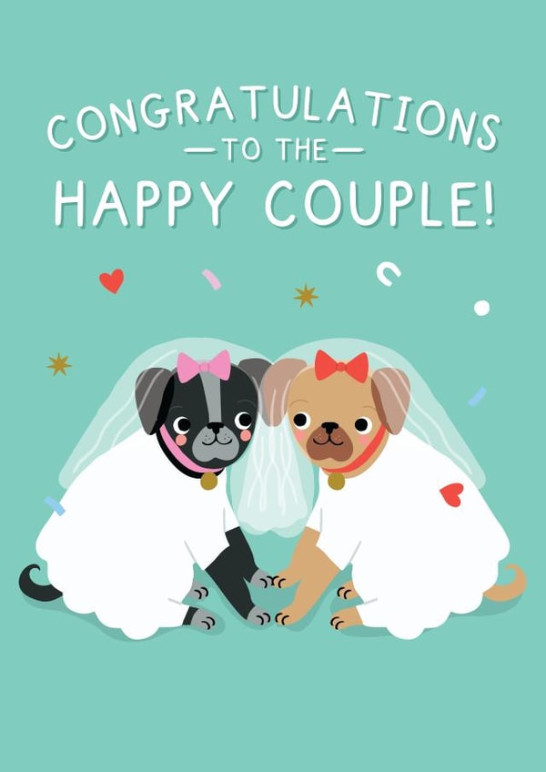 Cute Wedding Card -  Pugs - Happy Couple - Lesbian created by Pixie Studio