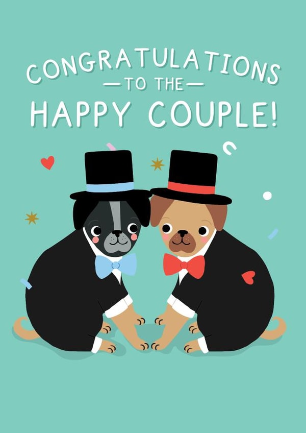 Cute Wedding Card - Pugs - Happy Couple - Gay created by Pixie Studio