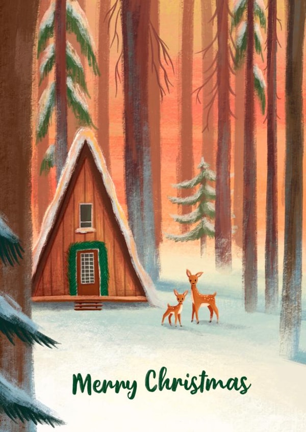 Cute Christmas Card - Snowy Woodland Lodge Scene - Traditional created by Sophie Kent Illustration