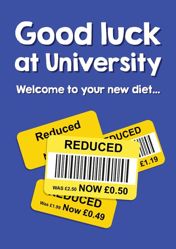 Funny good luck at University card for friends or family. Reduced  food stickers created by Spekle Studio