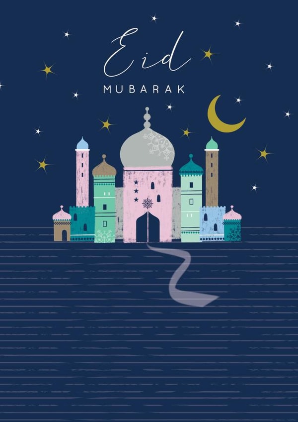 Stylish modern contemporary Eid Mubarak card to celebrate Muslim Eid festivals. created by Laura Darrington Design Ltd.