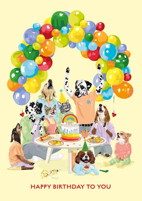 Whimsical Birthday Card - Pets Howling Happy Birthday around Rainbow Cake created by Dotty Dog