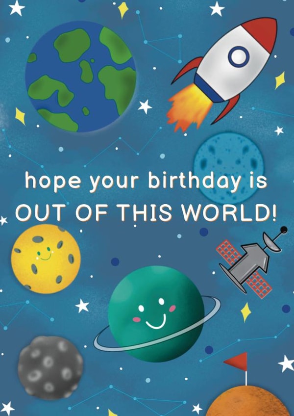 Space birthday card - out of this world - spaceship - planets - astronaut created by Rainee Collections