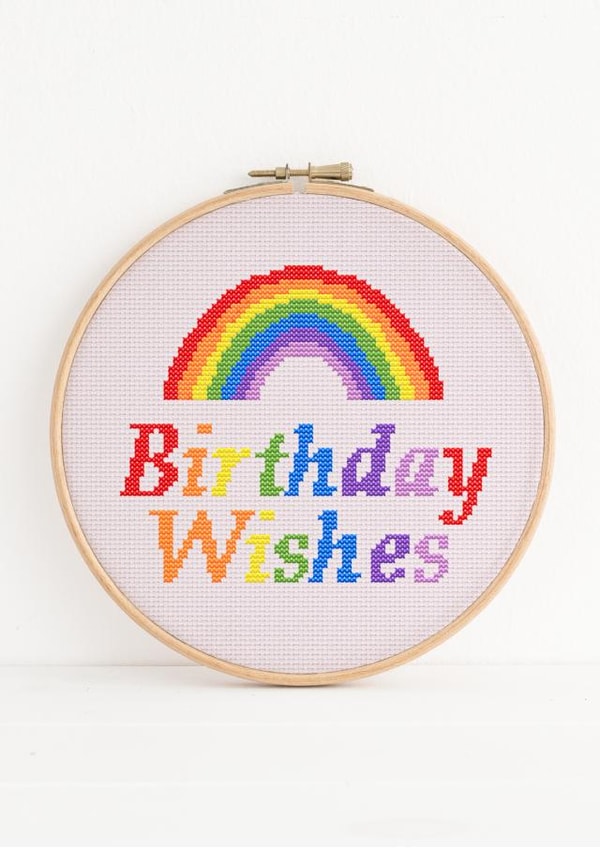 Rainbow Birthday wishes, Cross stitch inspired embroidery hoop. created by NaviStitch