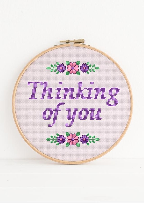 Pretty thinking of you floral cross stitch inspired embroidery hoop card created by NaviStitch