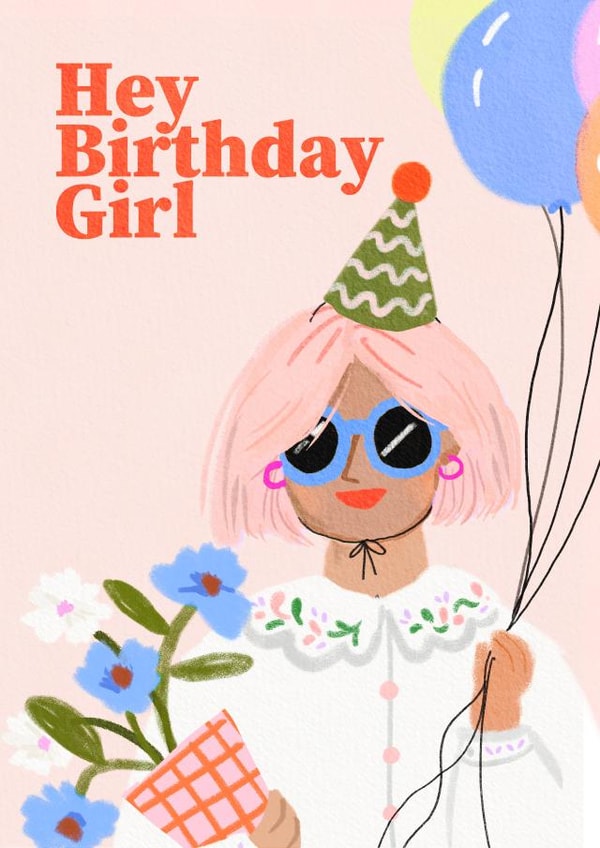 Contemporary birthday Card - Balloons - Hey Birthday Girl created by Martha Ratcliff Illustration