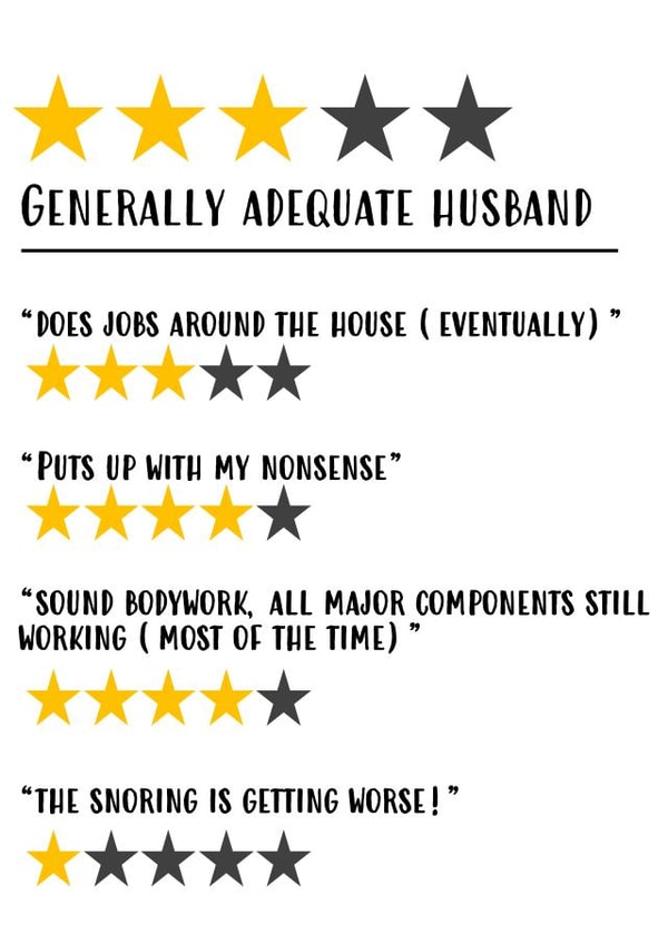 Funny birthday or anniversary card for husband - Funny critic rating created by Sarcardstic