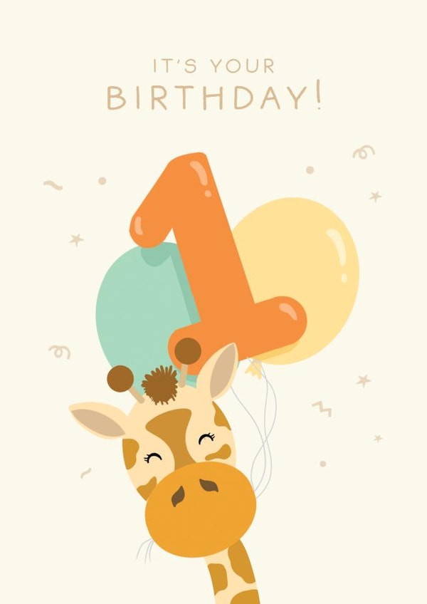 Cute 1st Birthday Card - Giraffe Balloons - Gender Neutral created by The Cake Thief
