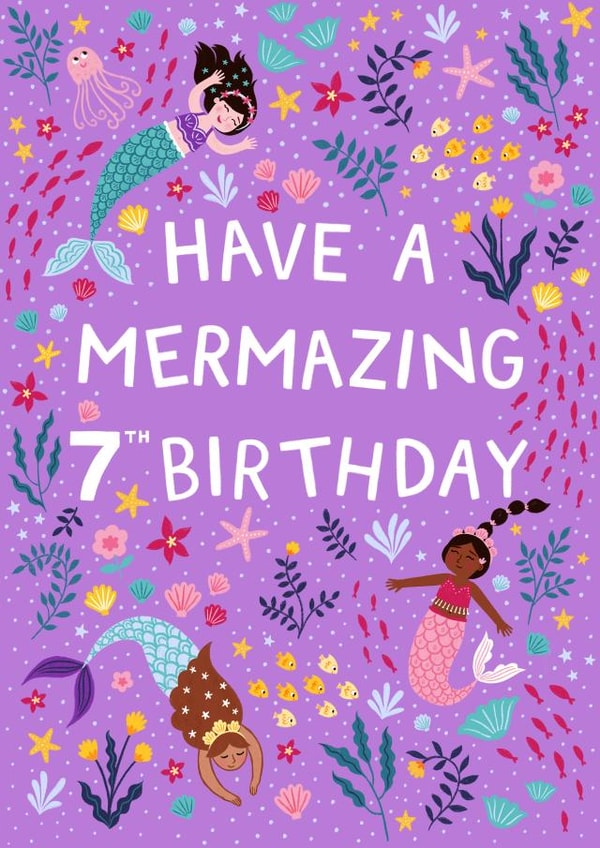 Happy 7th Birthday - Purple Mermaids - Have a Mermazing Day created by Pear Tree Press