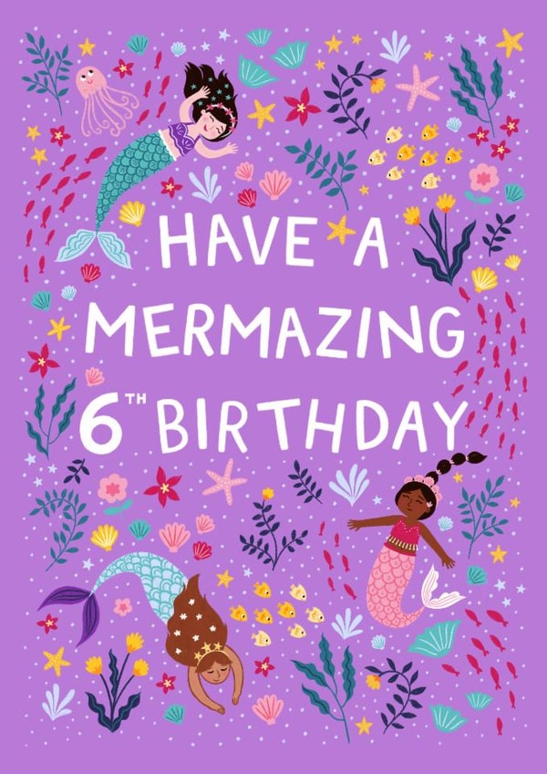 Happy 6th Birthday - Purple Mermaids - Have a Mermazing Day created by Pear Tree Press