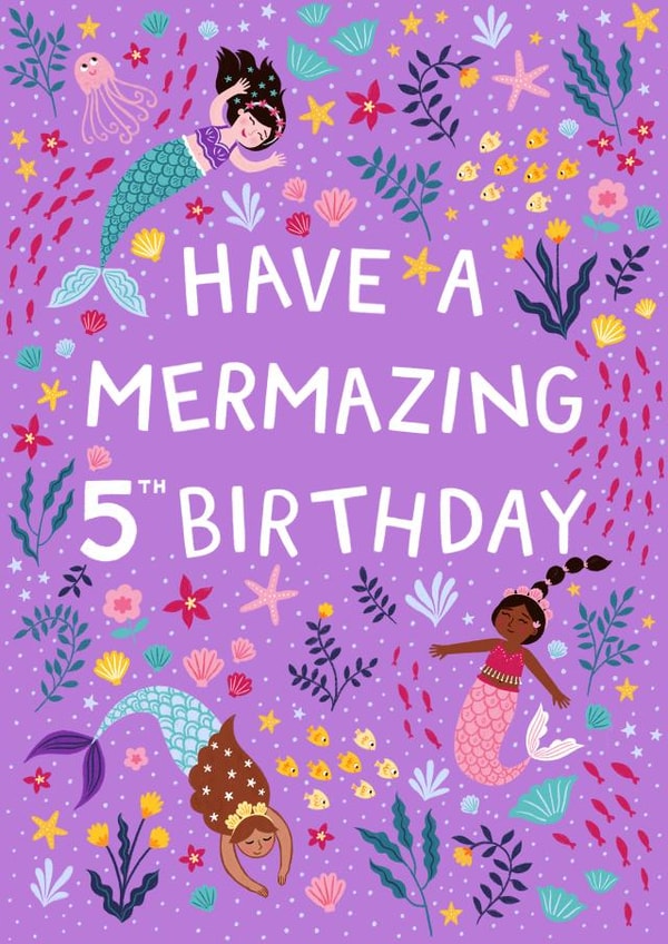 Happy 5th Birthday - Purple Mermaids - Have a Mermazing Day created by Pear Tree Press