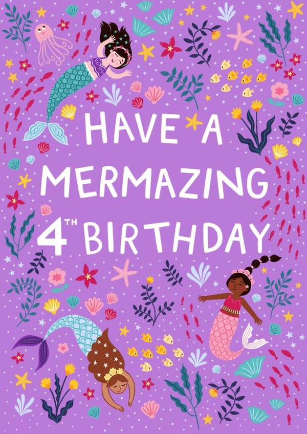 Happy 4th Birthday - Purple Mermaids - Have a Mermazing Day created by Pear Tree Press
