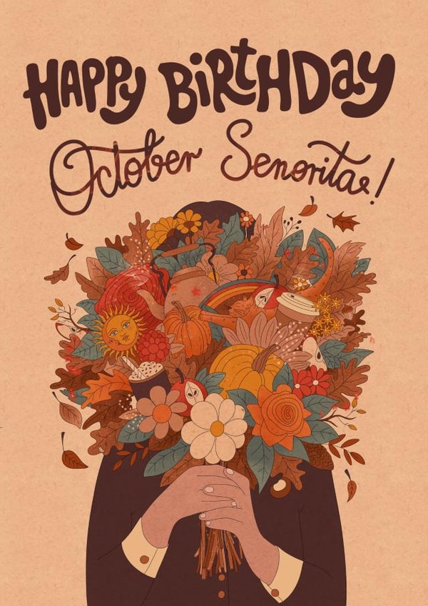 Cute birthday card - October Birthdays - Retro Autumn Bouquet created by Kasia Cards