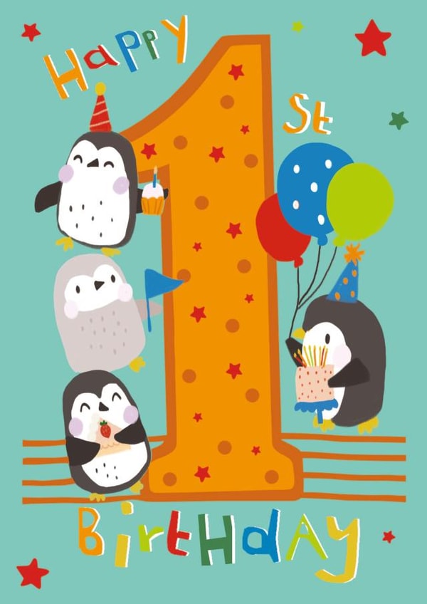 Cute Birthday Card - 1st - Penguins created by IC&G