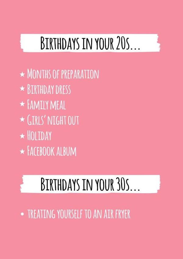Funny Birthday Card for Her - 20s birthdays vs 30s birthdays created by whimsical AF