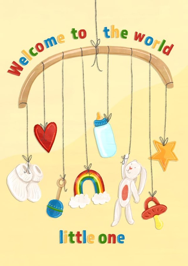 Welcome to the world little one, new baby card created by Evie Warren Illustration