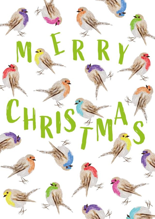 Cute Christmas Card - Merry Christmas - Colourful Robins created by size3art