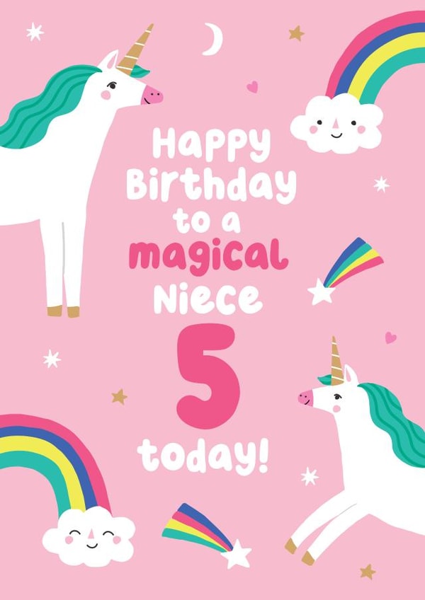 Cute Birthday Card for your magical Unicorn Loving Niece on her 5th Birthday created by Pixie Studio