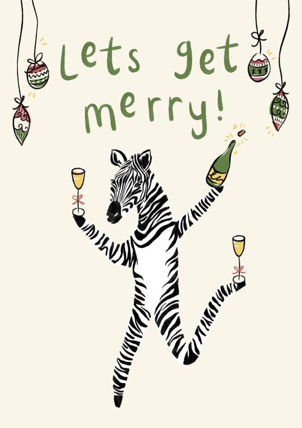 Let's Get Merry Pun - Fun Christmas Card - Festive Drinks - Zebra Christmas Card created by Lauren Barclay