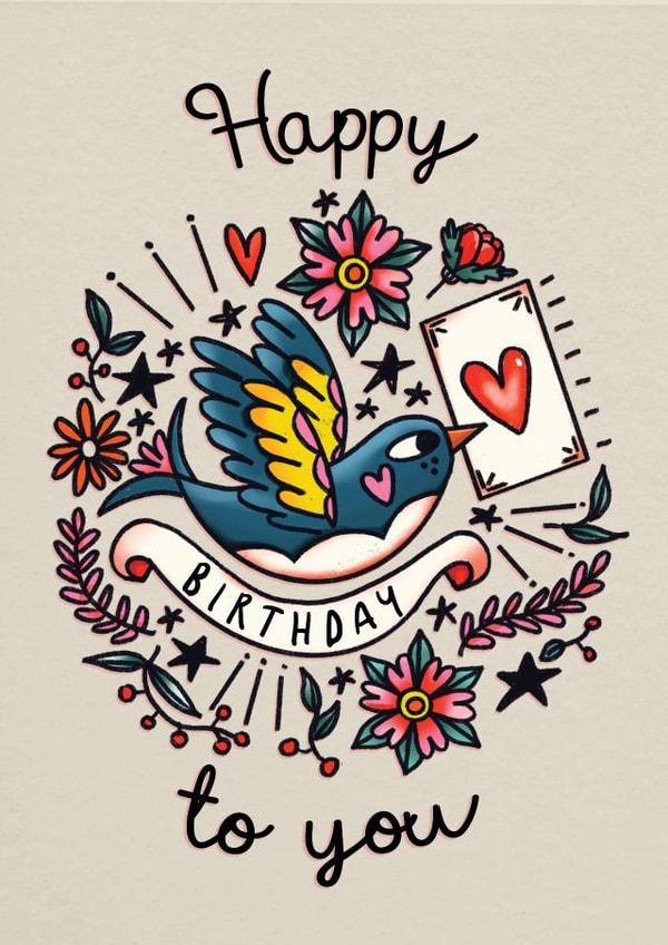 Pretty Birthday Card - Tattoo created by NICHOLA COWDERY ILLUSTRATIONS