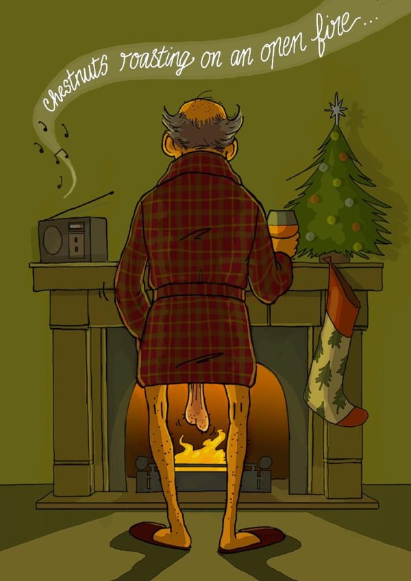 Funny Christmas Card - Chestnuts Roasting on an Open Fire created by Bryony Jackson Walters