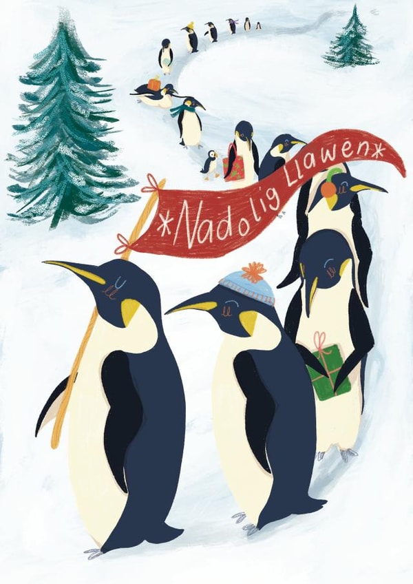 Penguin March- Nadolig Llawen, Welsh Christmas Card created by Ink and Tot