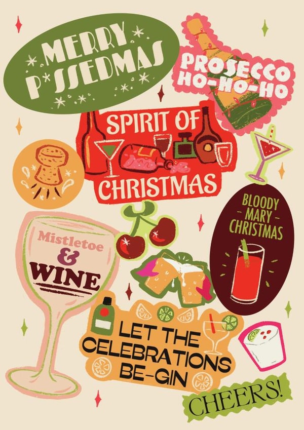 Merry P*ssedmas Christmas - Drinking Sticker illustration funny card - Puns created by Quitting Hollywood