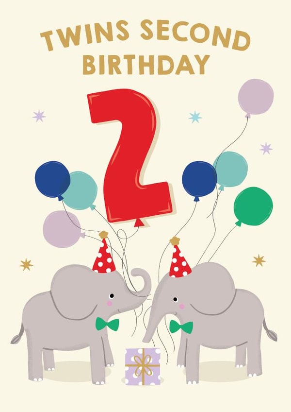 Cute 2nd Birthday Card for Twins - Elephants - Twins Second Birthday created by Pixie Studio