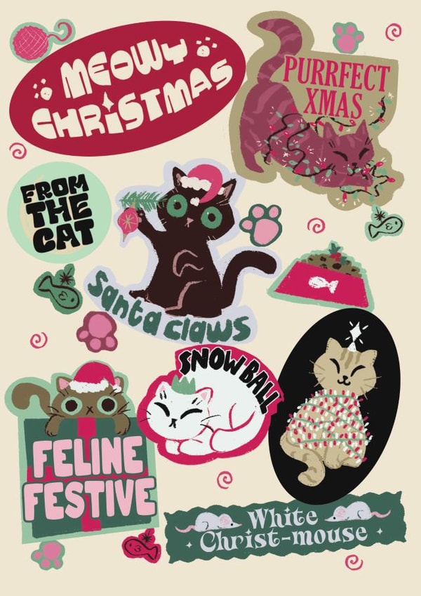 Funny From the Cat Christmas Card - Sticker Illustration All Christmas Paw Puns created by Quitting Hollywood