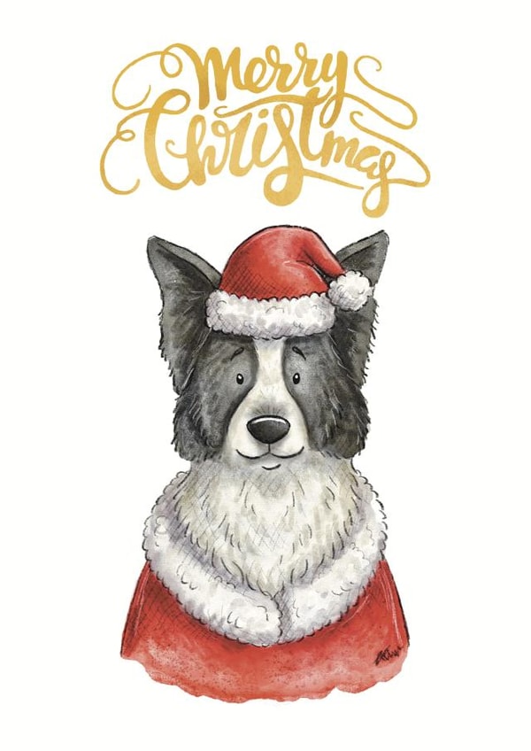 Border Collie Christmas Card - Sheepdog - Merry Christmas created by Kate Tea Illustration