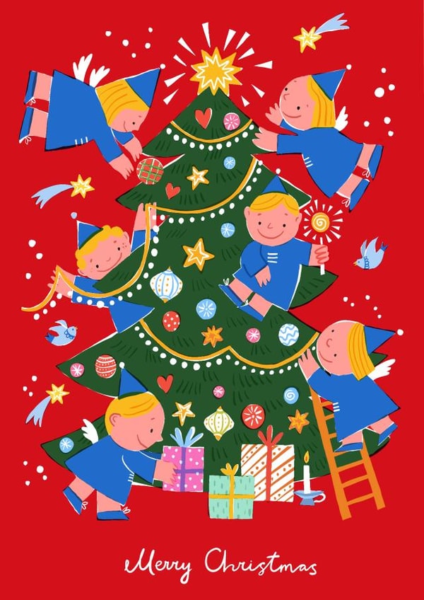 Cute Christmas Card - Angels Decorating The Tree - Merry Christmas created by Olla
