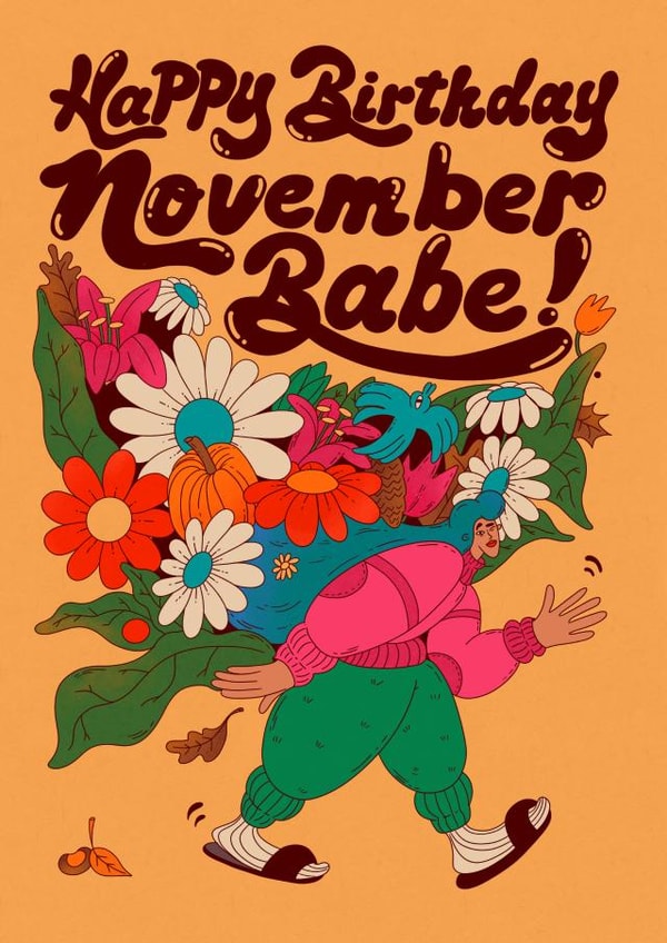 Pretty birthday card for someone born in November - Girl with a colourful bouquet. created by Kasia Cards