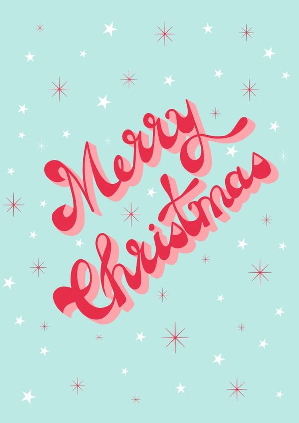 Retro Vintage Christmas Card - Groovy Hand Lettering - Stars Sparkles - Aqua created by Gail K Designs