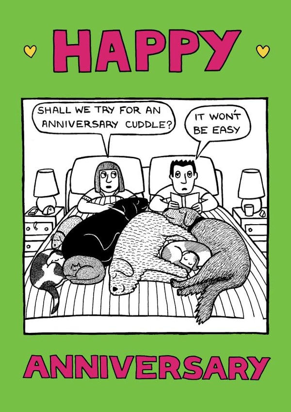 Funny anniversary card - for dog-parents - Anniversary Cuddle created by Off The Leash Cartoons by Rupert Fawcett