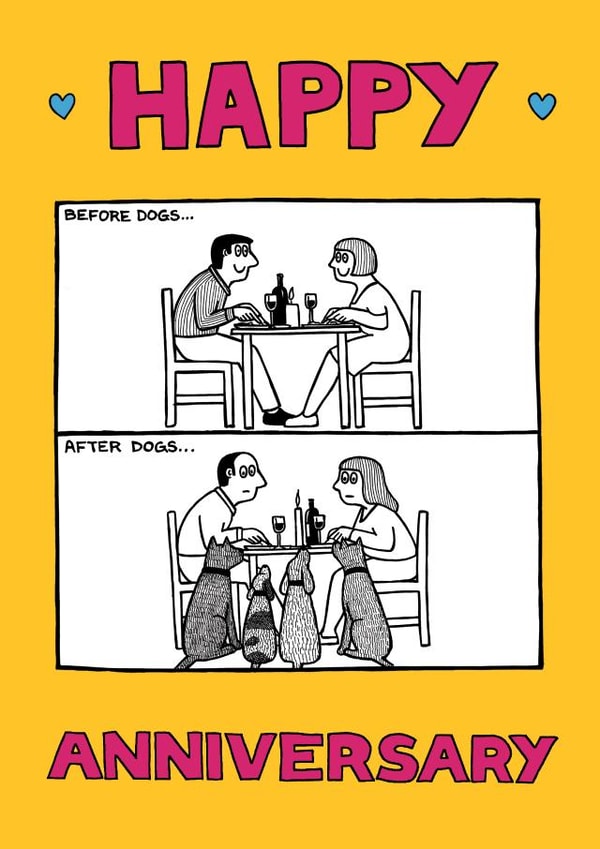 Funny anniversary dinner card - for dog-parents - Dogs at the Table created by Off The Leash Cartoons by Rupert Fawcett