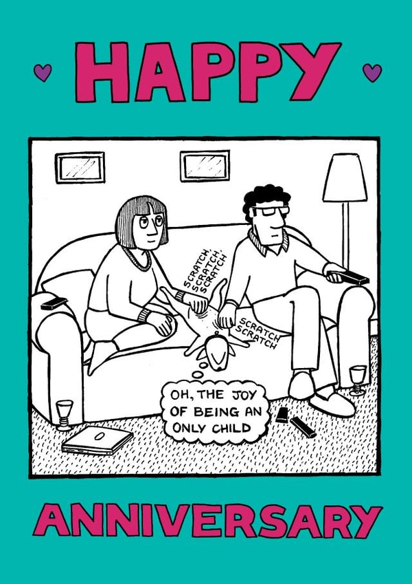 Funny anniversary card - for parents of a dog - the joy of being an only child created by Off The Leash Cartoons by Rupert Fawcett