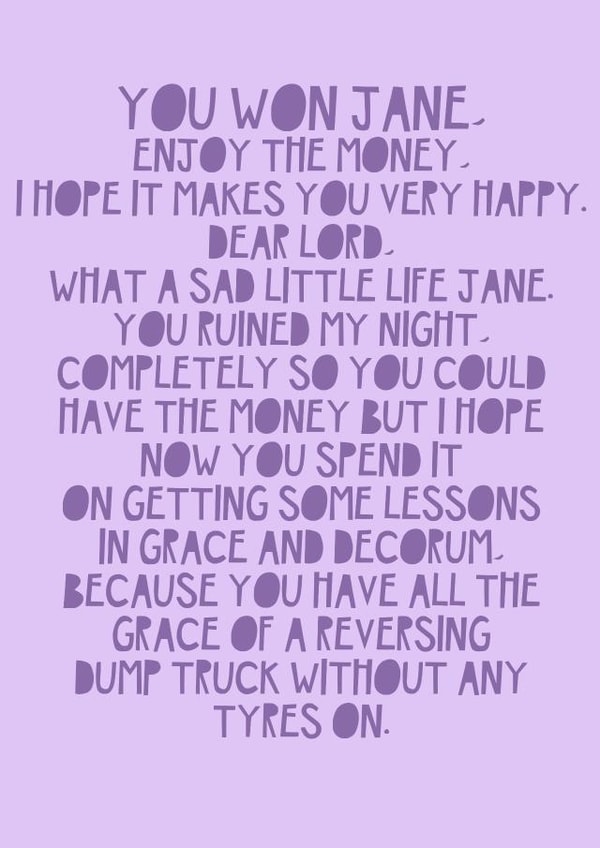 Funny come dine with me card - You Won Jane - Pop Culture Meme created by Jade Muat-Dodd