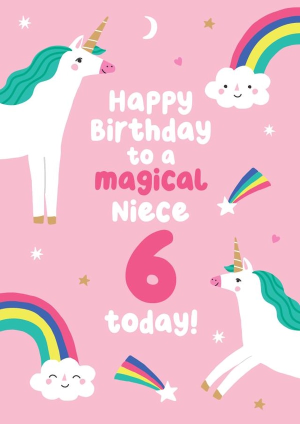 Magical 6th Birthday - for your Niece - Cute Unicorn Card created by Pixie Studio