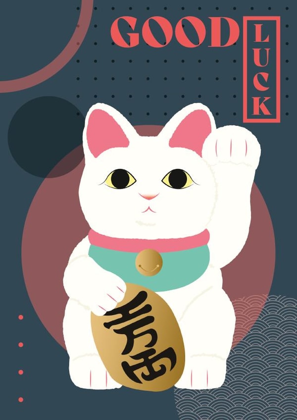Cute Good Luck Card - Japanese maneki-neko lucky cat created by Emily Bratby