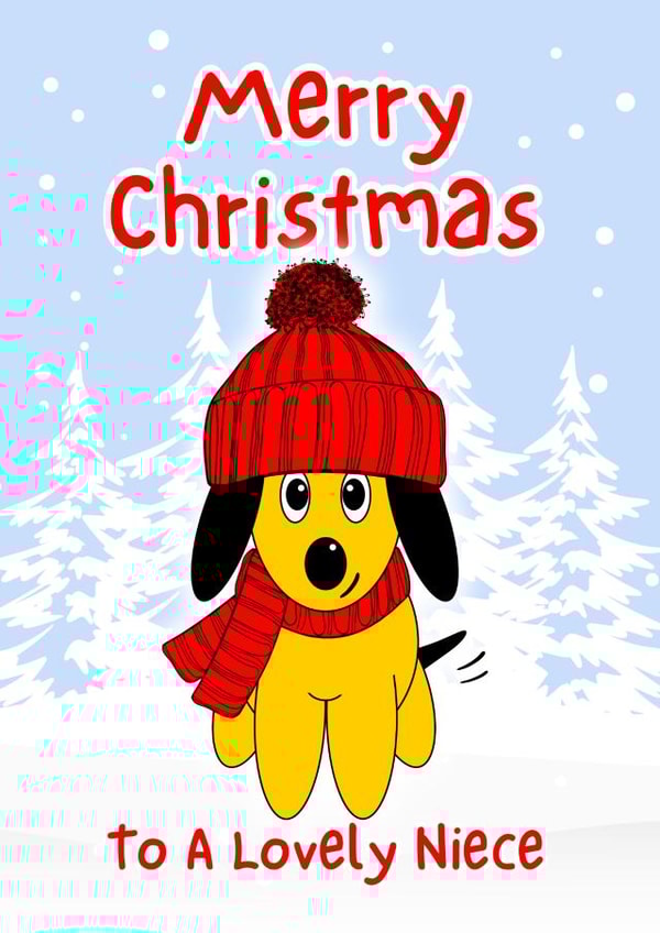 Cute Christmas Card for a lovely Niece with a Cheeky Dog in a red woolly hat created by Crystal Star Gift Shop