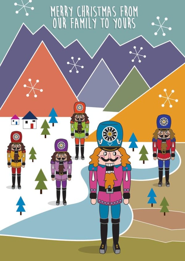 Cute, candy coloured Nutcracker family send Christmas greetings to your family created by Sal Roydhouse