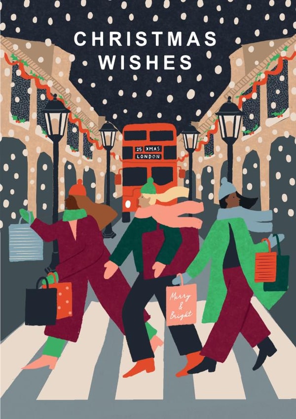 Modern Contemporary Merry Christmas Card Shopping in London Design created by Laura Darrington Design Ltd.