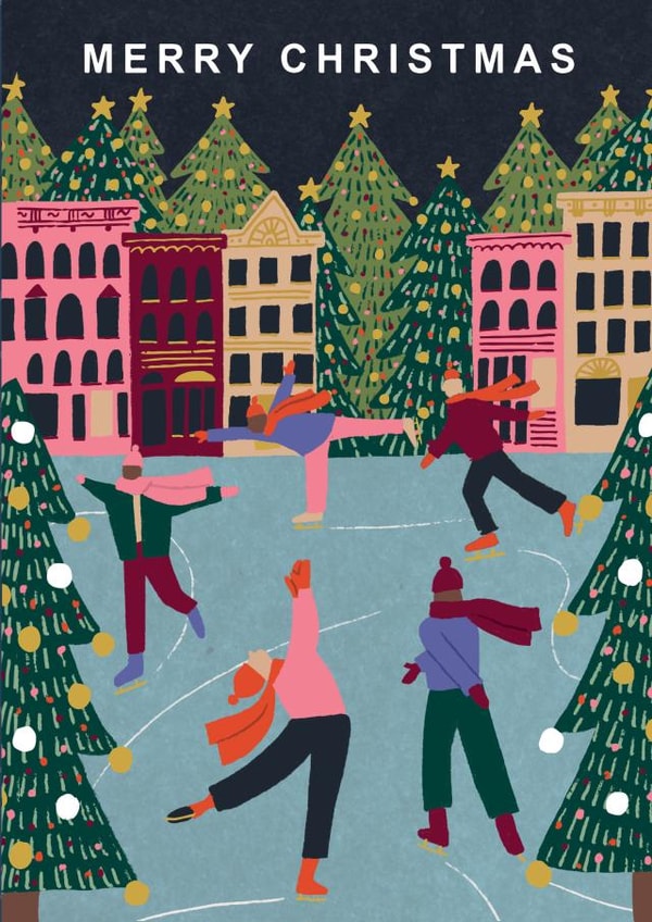 Modern Contemporary Pretty Merry Christmas Card - Ice Skating Scene Ice Rink created by Laura Darrington Design Ltd.