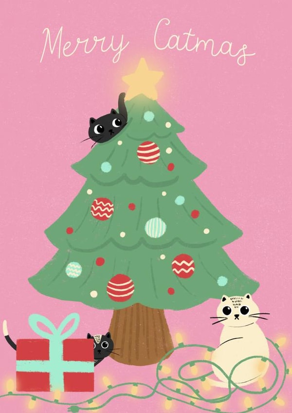 Merry Catmas - Christmas - Cats - Holidays - Christmas Tree - Presents - Lights created by Dani Law Art