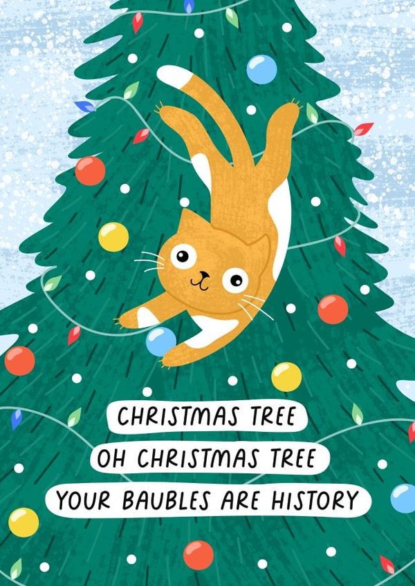 Funny Cat Christmas tree card - Christmas Carol Joke created by Evie Garnett Designs